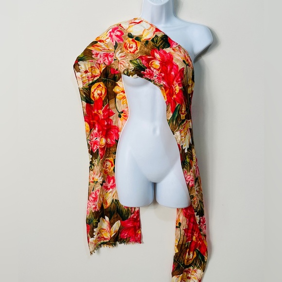 VINTAGE 80's Silk Floral Print Scarf w Fringe Edge - Picture 5 of 7